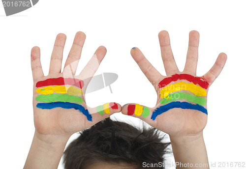 Image of Boy hands painted with colorful paint