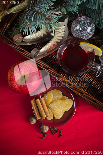 Image of Christmas still life with hot wine and spices 