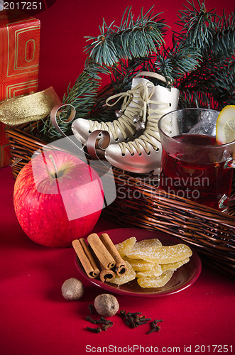 Image of Christmas still life with hot wine and spices 