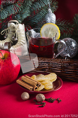 Image of Christmas still life with hot wine and spices 