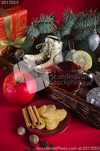 Image of Christmas still life with hot wine and spices 