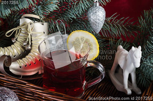 Image of Christmas still life with hot wine and spices 