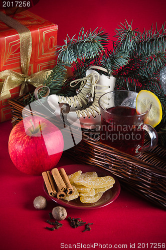 Image of Christmas still life with hot wine and spices 