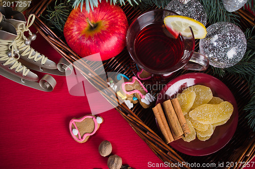 Image of Christmas still life with hot wine and spices 