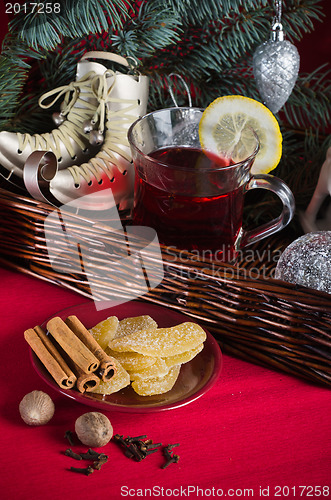 Image of Christmas still life with hot wine and spices 