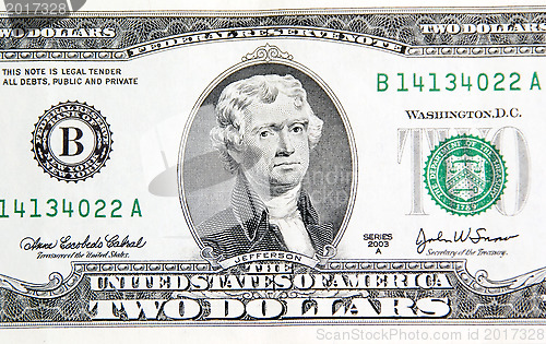 Image of Thomas Jefferson on two dollars banknote