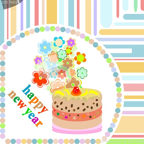 Image of Christmas card background. new year cake and flowers