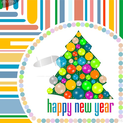 Image of christmas card with holiday tree and new year balls