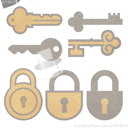 Image of Retro key on paper card isolated on white background 