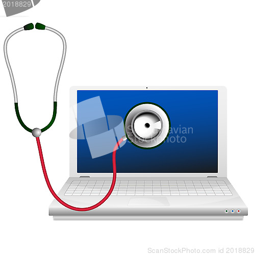 Image of Laptop and stethoscope. Computer repair concept.