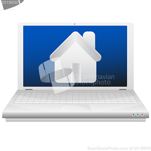 Image of Laptop and house. Real estate concept.