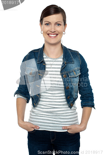 Image of Gorgeous middle aged woman in trendy clothes
