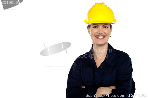 Image of Beaming construction worker. Cheerful portrait