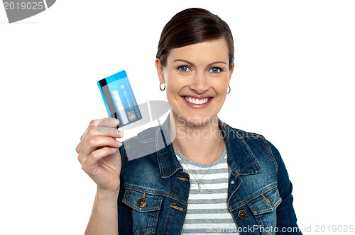 Image of Shopaholic woman showing cash card