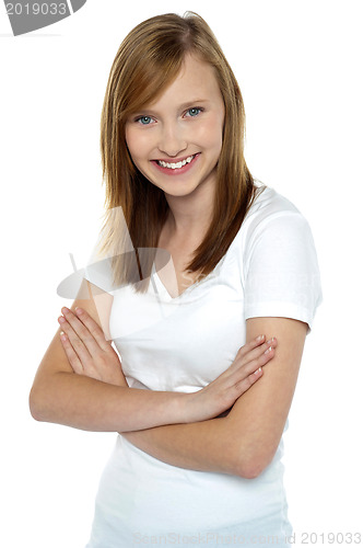 Image of Fashionable young girl in pristine white t-shirt