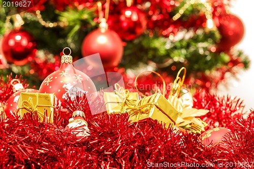 Image of Red christmas balls and decorations