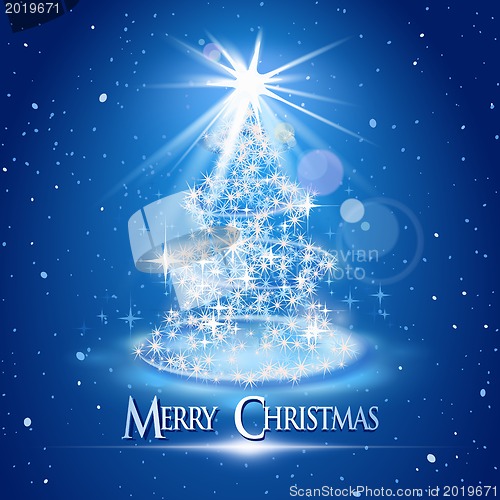 Image of Christmas tree and light over blue background