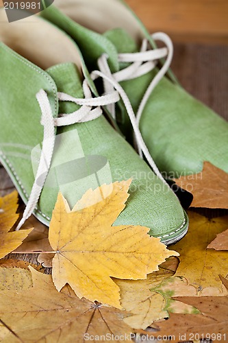 Image of pair of green leather boots and yellow leaves