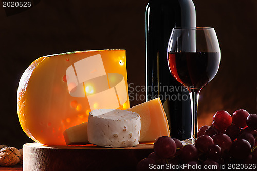 Image of Still-life with cheese, grape and wine