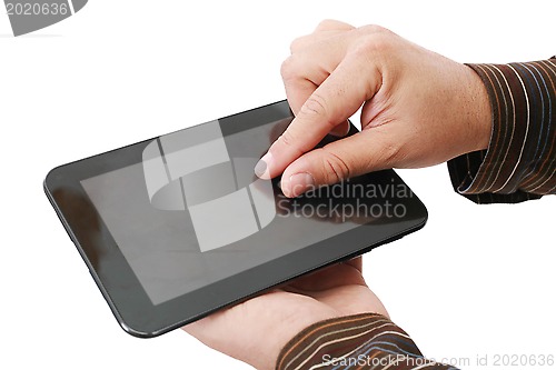 Image of Man hands are pointing on touch screen device 