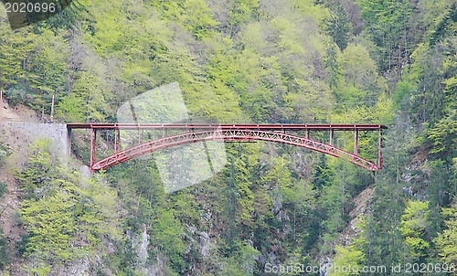 Image of Red bridge with mountain in Switzerland