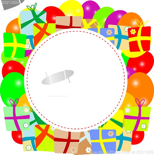 Image of bunch of colorful balloons and a gift box
