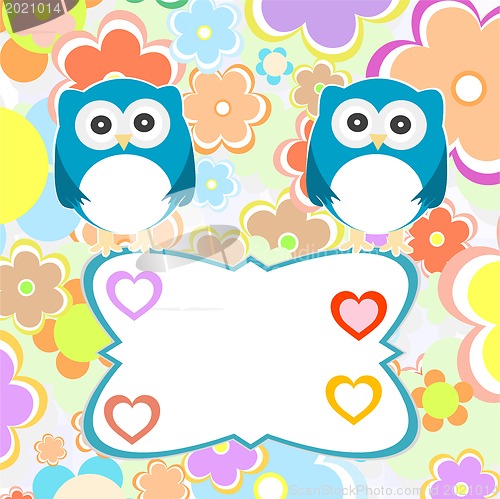Image of Cute baby boy owlet against the background of flowers and hearts
