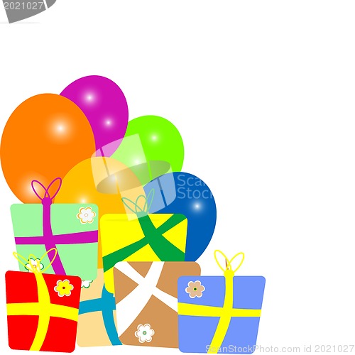 Image of colorful gift boxes with balloons frame over white background