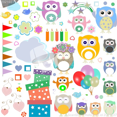 Image of Set of birthday party elements with cute owls