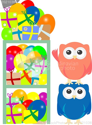 Image of Winter card with cute owl, balls and gift boxes