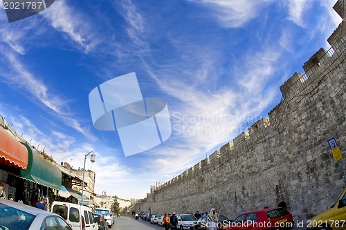 Image of Sky of Jerusalem.  An ancient wall around of old quarters 