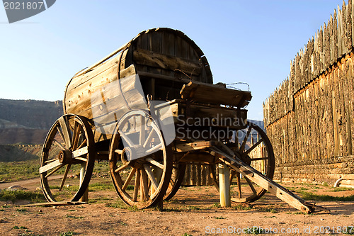 Image of Fort Zion. Old western wagon