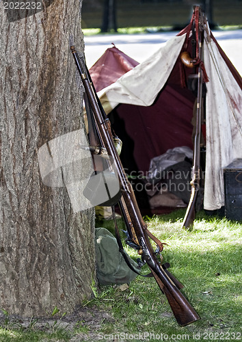 Image of Old style Gun leaning on tree 