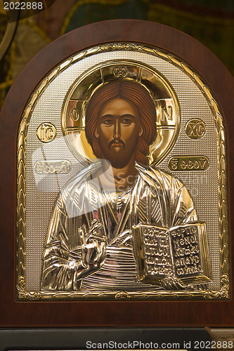 Image of Golden Icon of Jesus Christ in brown frame 