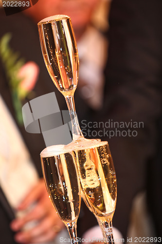 Image of Pouring champagne into a glass on a wedding celebration