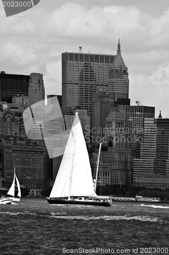 Image of Boat with white sails on Hudson river 