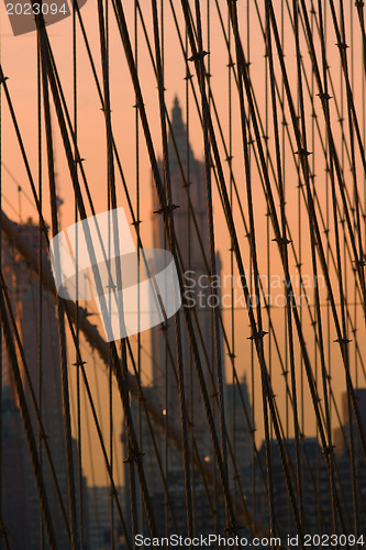 Image of Brooklyn Bridge on sunset, New York, USA