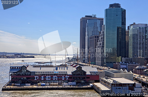 Image of NEW YORK CITY -Apr 21. The historic Pier17 with the modern offic
