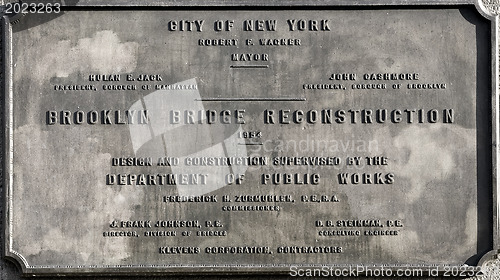 Image of Memorial plaque at Brooklyn Bridge, New York, USA.