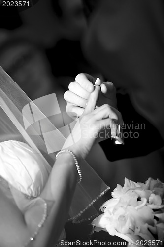 Image of Groom putting a wedding ring on bride's finger 