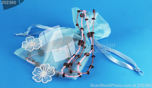 Image of Beautiful blue silk bag with beaded necklace