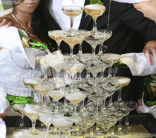 Image of Pouring champagne into a glass on a wedding celebration