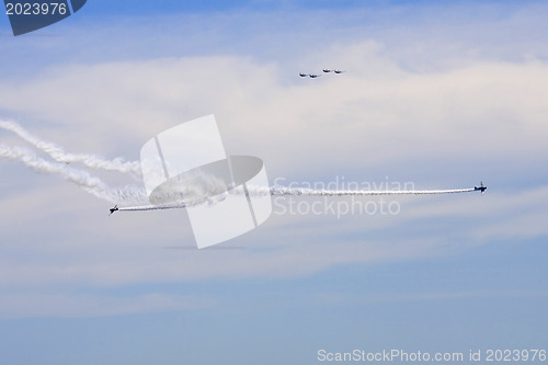 Image of Several planes performing in an air show at Jones Beach