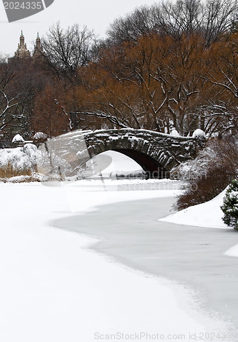 Image of Central Park in winter. Gapstow Bridge.