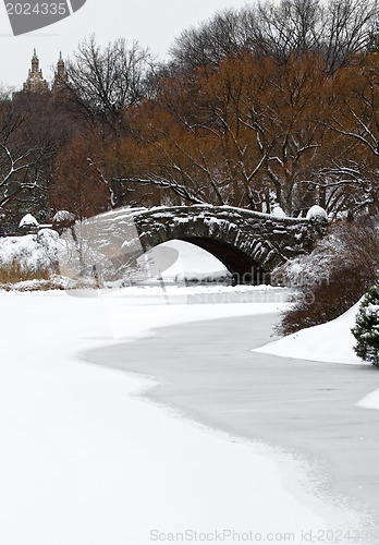 Image of Central Park in winter. Gapstow Bridge.