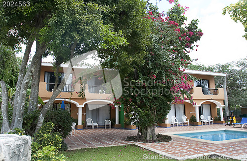 Image of Beautiful pool and patio in tropical setting 