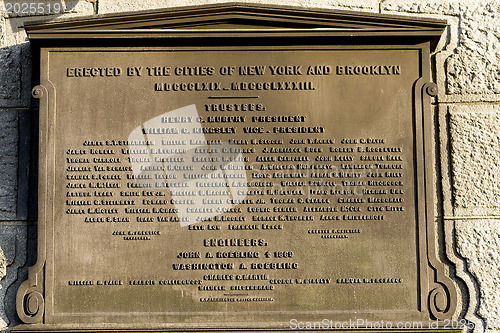 Image of Memorial plaque at Brooklyn Bridge, New York, USA.