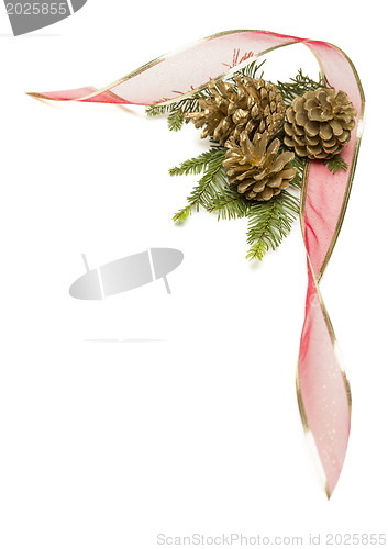 Image of Pine Cones, Red Ribbon and Pine Branches Isolated on White