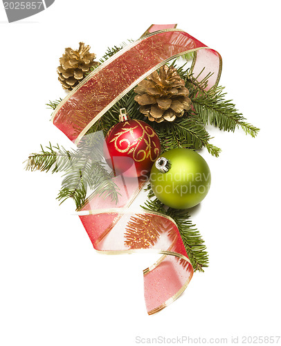 Image of Christmas Ornaments, Pine Cones, Red Ribbon and Pine Branches on