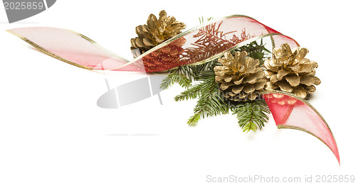 Image of Pine Cones, Red Ribbon and Pine Branches Isolated on White